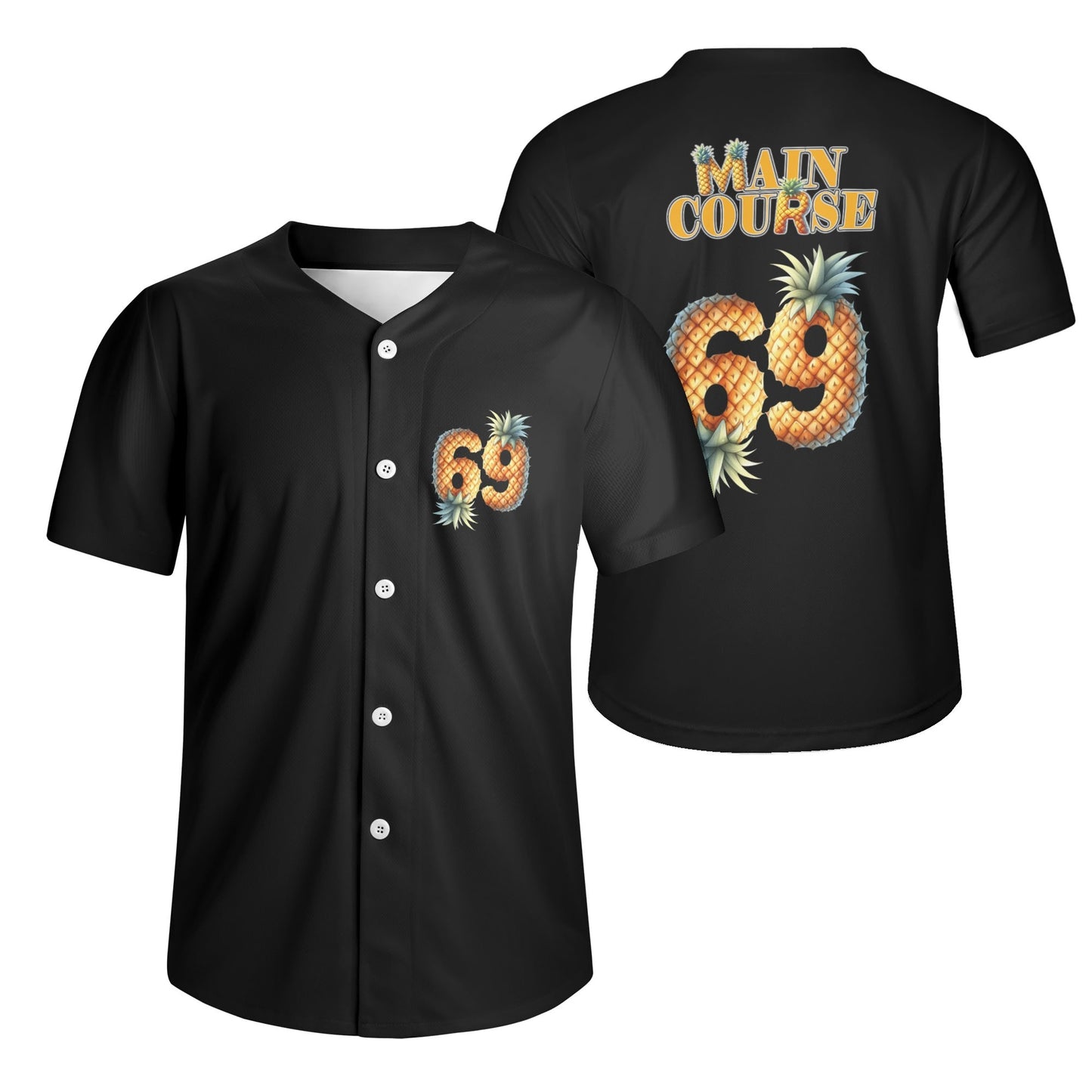 Mens Short Sleeve Baseball Jersey Pineapple Main Course Black T-Shirt