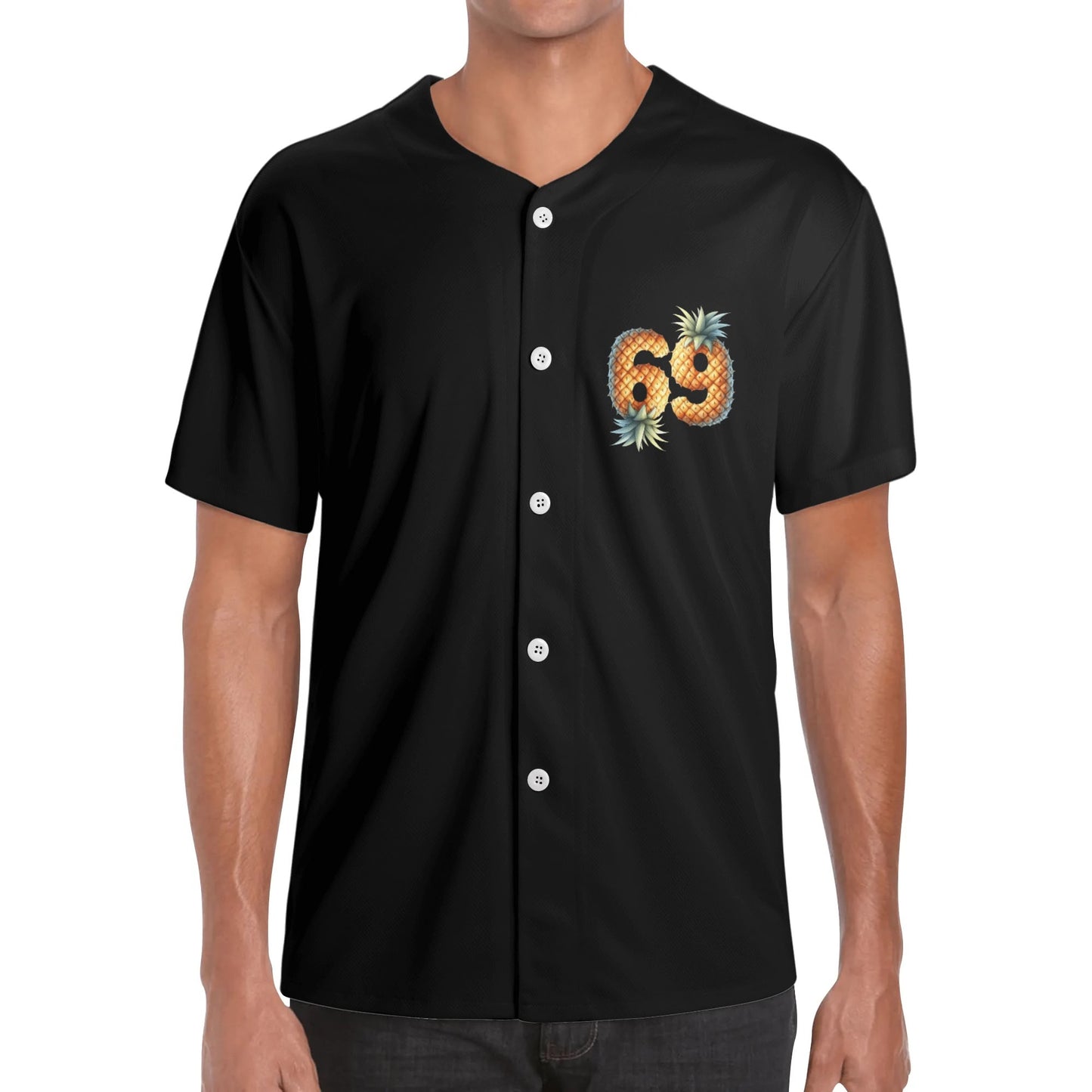 Mens Short Sleeve Baseball Jersey Pineapple Main Course Black T-Shirt