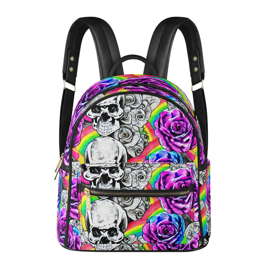 Psychedelic Rainbow Skulls Casual PU Leather Backpack