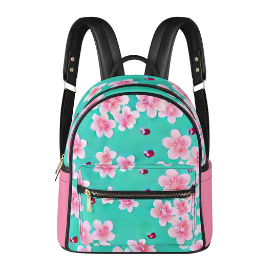 Mint Cherry Blossom Casual PU Leather Backpack