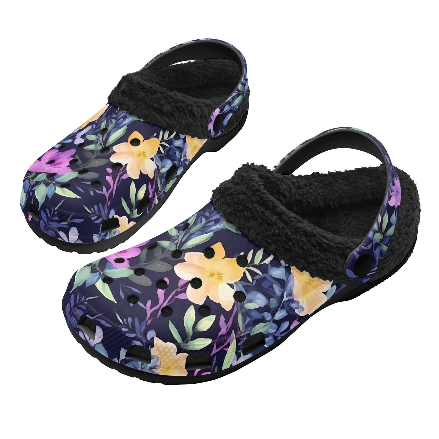 Adults Floral Black Warm Lined Clog