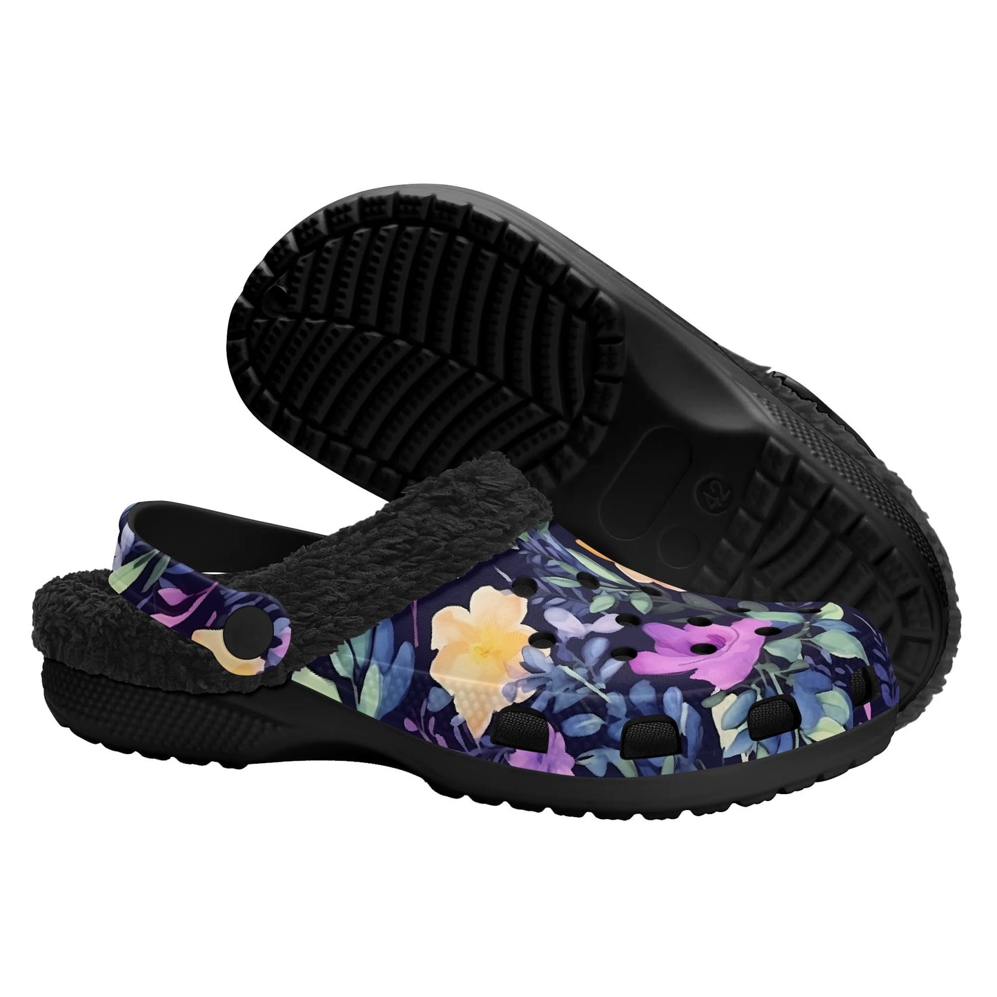 Adults Floral Black Warm Lined Clog