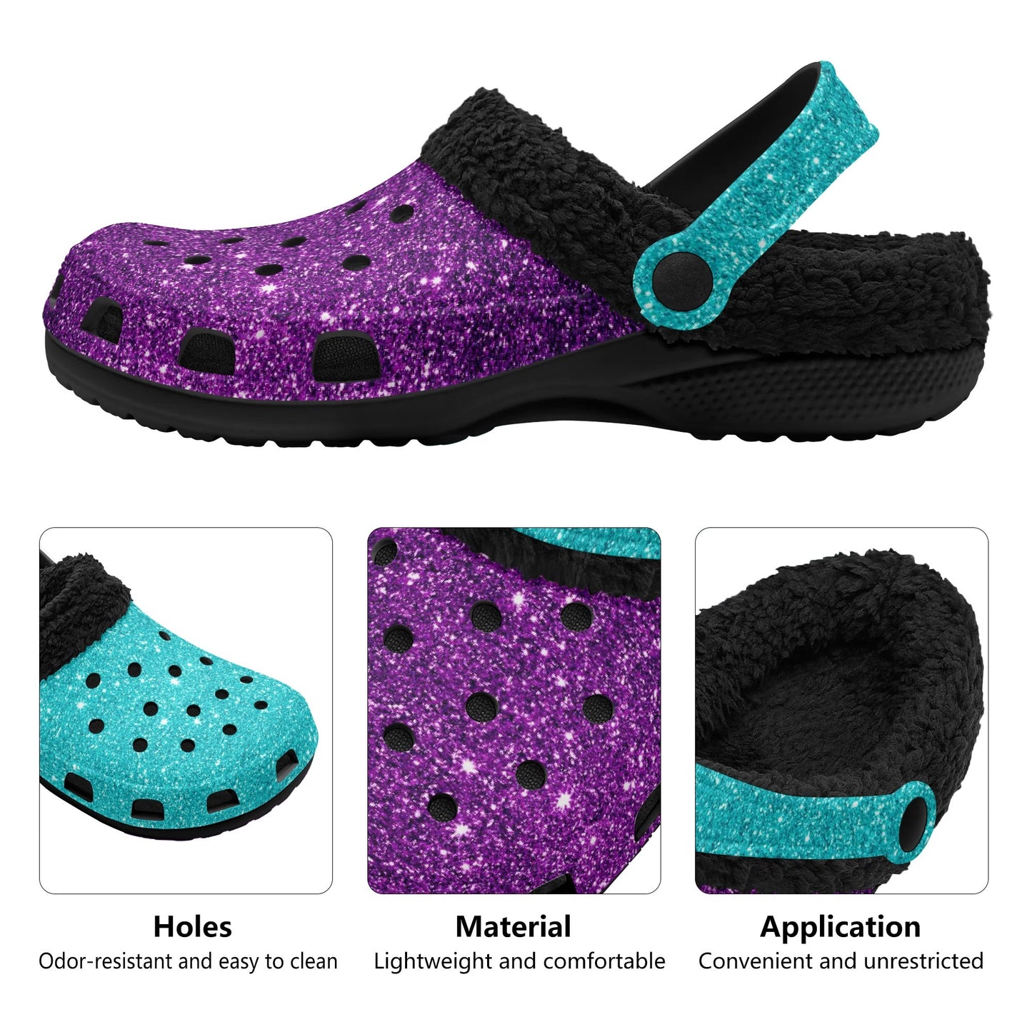 Adults Sparkle Black Warm Lined Clog