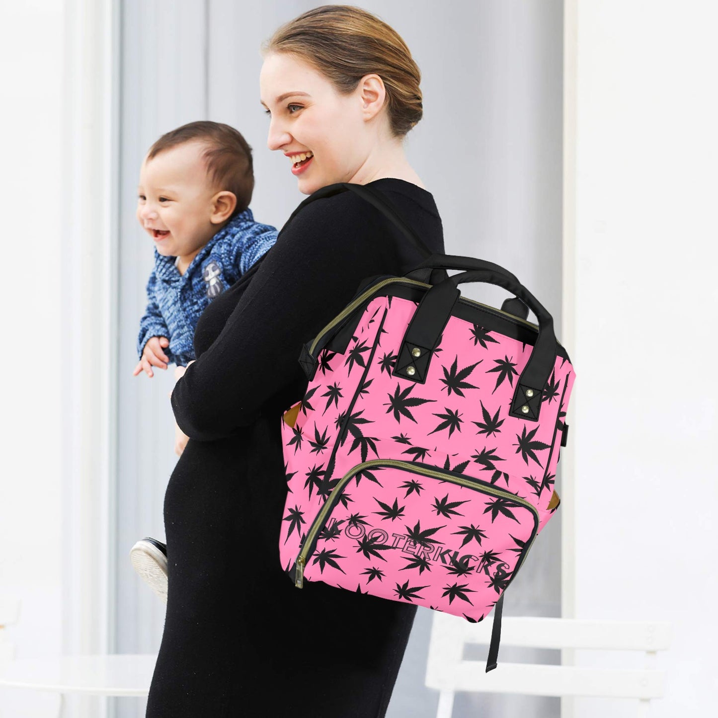 Pink Black Pot Marijuana Leaves Diaper Bag Backpack