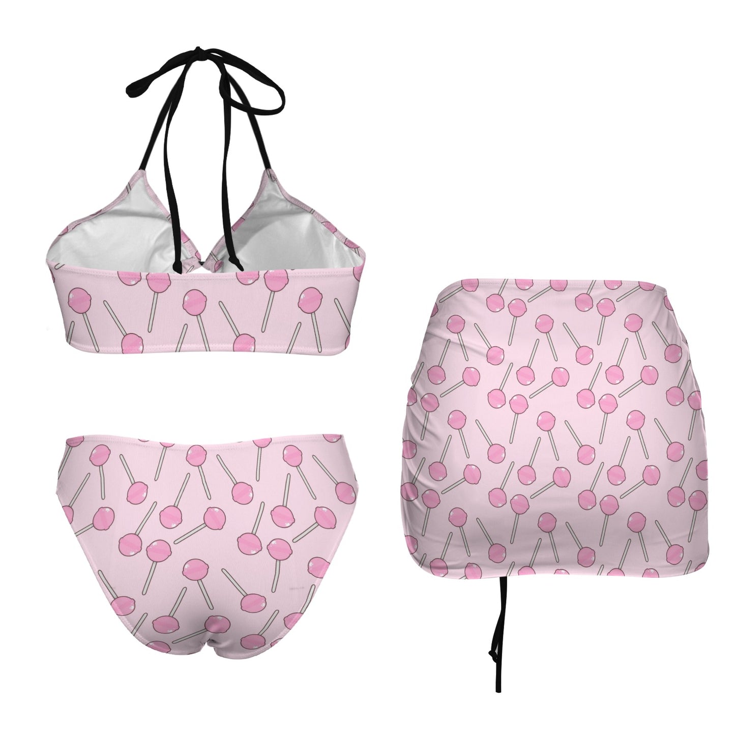 Pink Lollipop Drawstring Halterneck Three-Piece Swimsuit Skirt