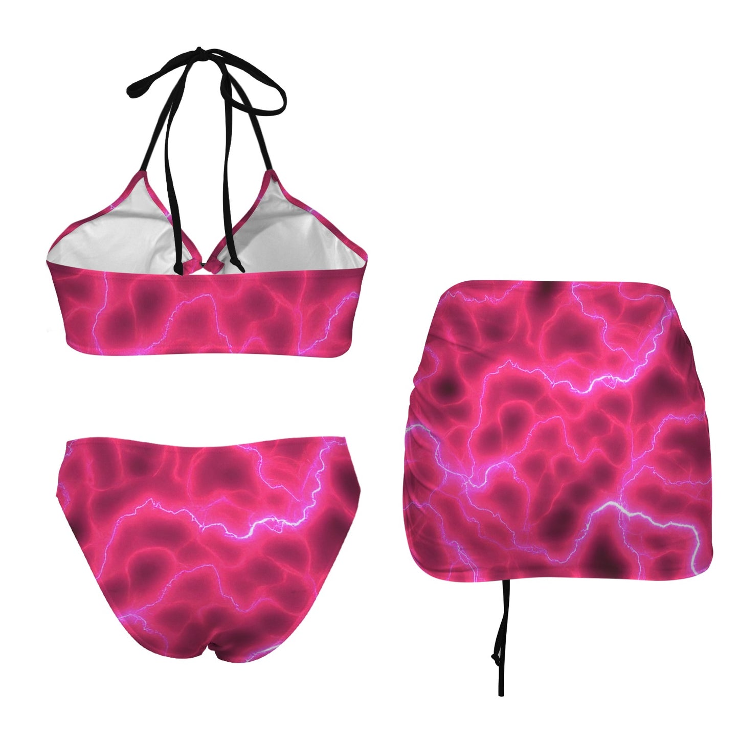 Pink Lightning Drawstring Halterneck Three-Piece Swimsuit with Skirt