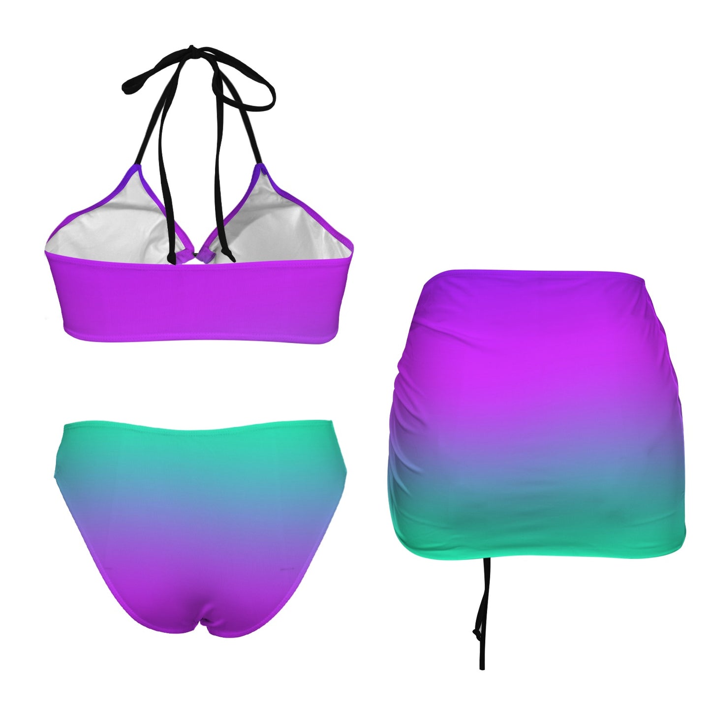 Purple Teal Drawstring Halterneck Three-Piece Swimsuit Skirt