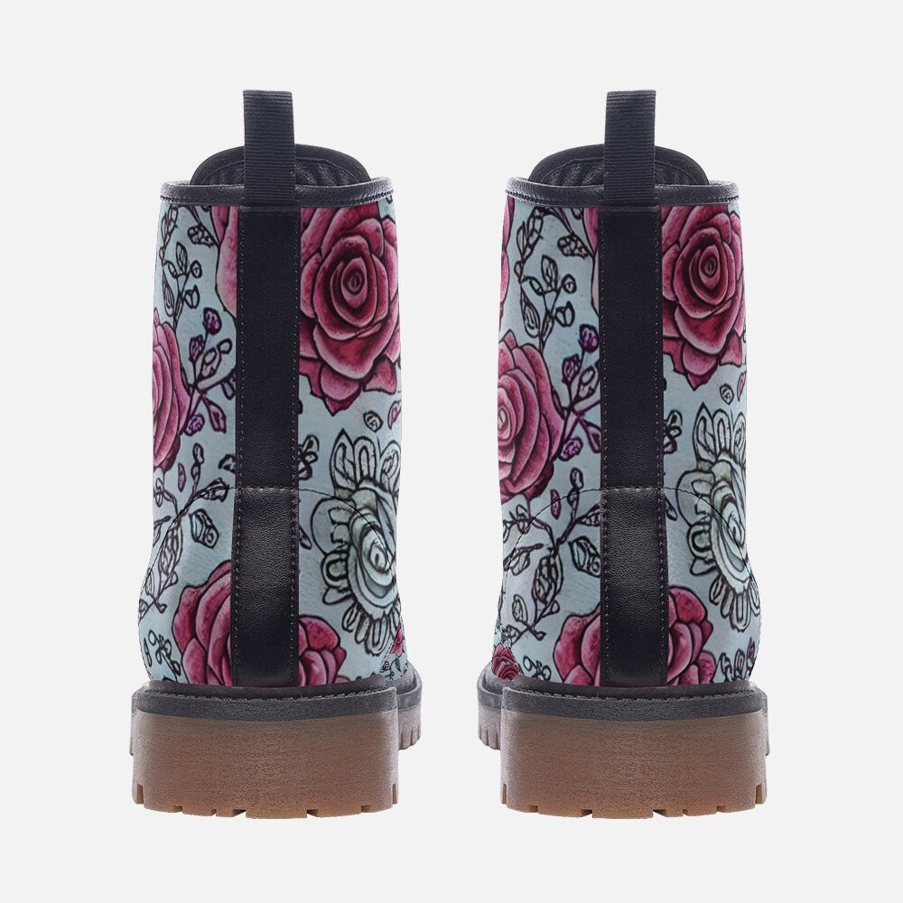 White Black Pink Roses Gothic Whimsical Casual Leather Lightweight Boots