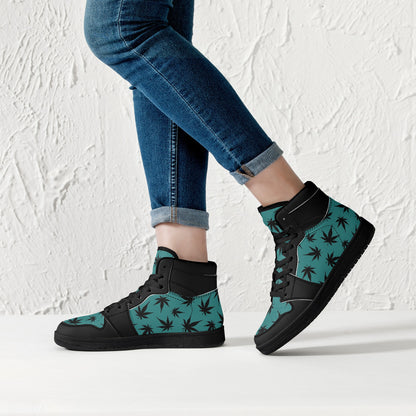 MaryJane Teal Black Cannabis High Top Leather Sneakers