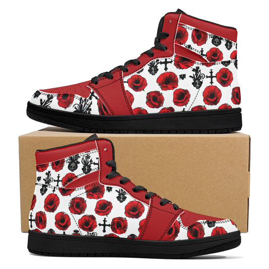 Red Poppy Leather High Top Sneakers - Black