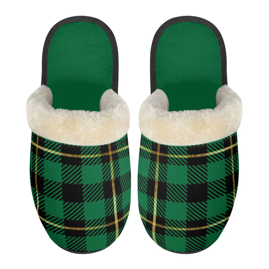 Unisex Non Slip Fuzzy Warm Slippers Green Plaid