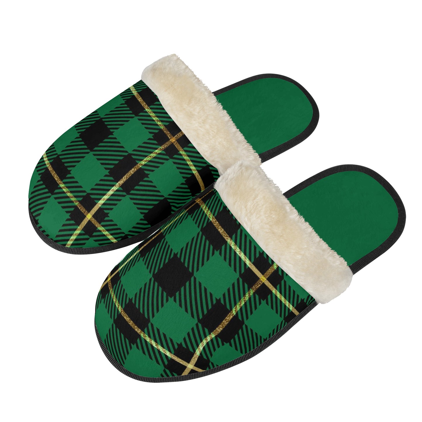 Unisex Non Slip Fuzzy Warm Slippers Green Plaid