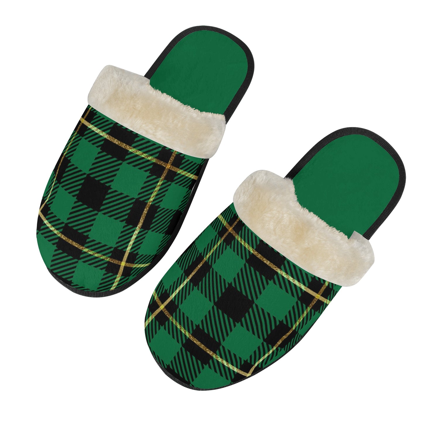 Unisex Non Slip Fuzzy Warm Slippers Green Plaid