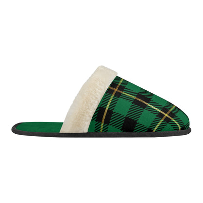 Unisex Non Slip Fuzzy Warm Slippers Green Plaid