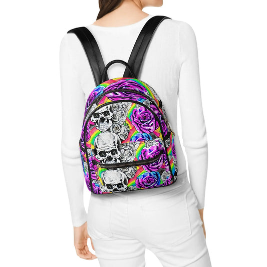 Psychedelic Rainbow Skulls Casual PU Leather Backpack