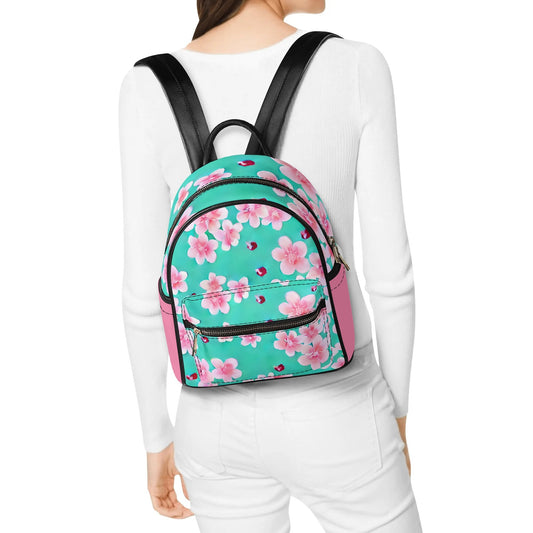 Mint Cherry Blossom Casual PU Leather Backpack
