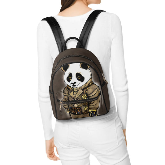 Steampunk Panda Casual PU Leather Backpack