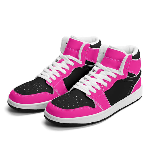 Mens Premium PU Leather High Top Sneakers - Pink & Black