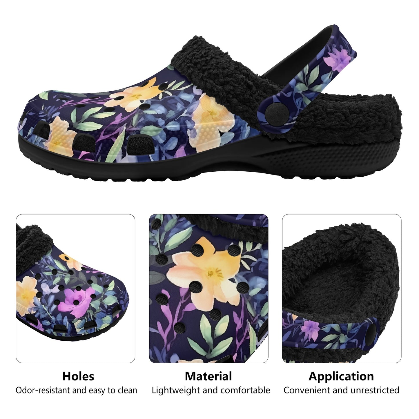 Adults Floral Black Warm Lined Clog