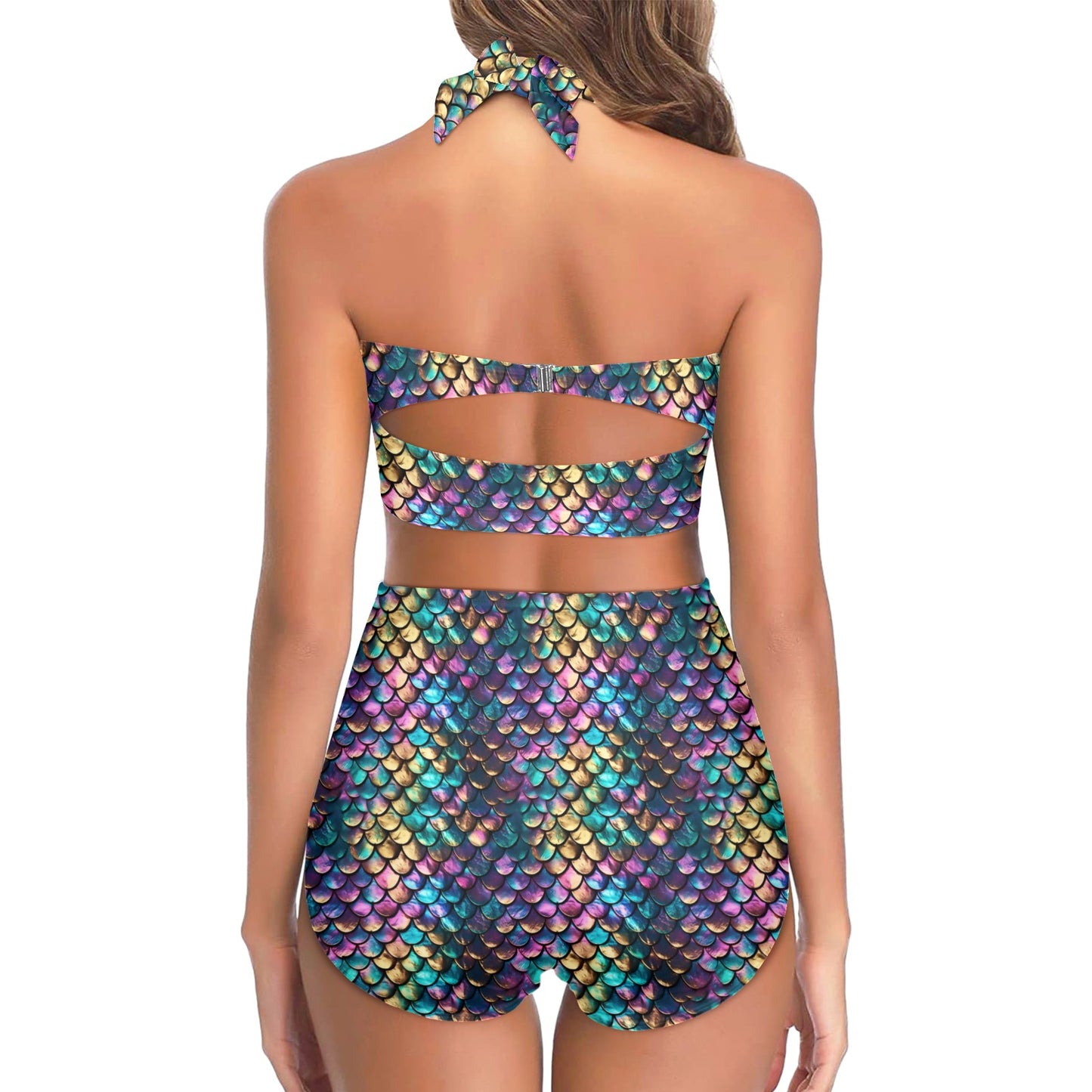 Mermaid Scale Women's Halter Neck Gather Chest Bikini Swimsuit
