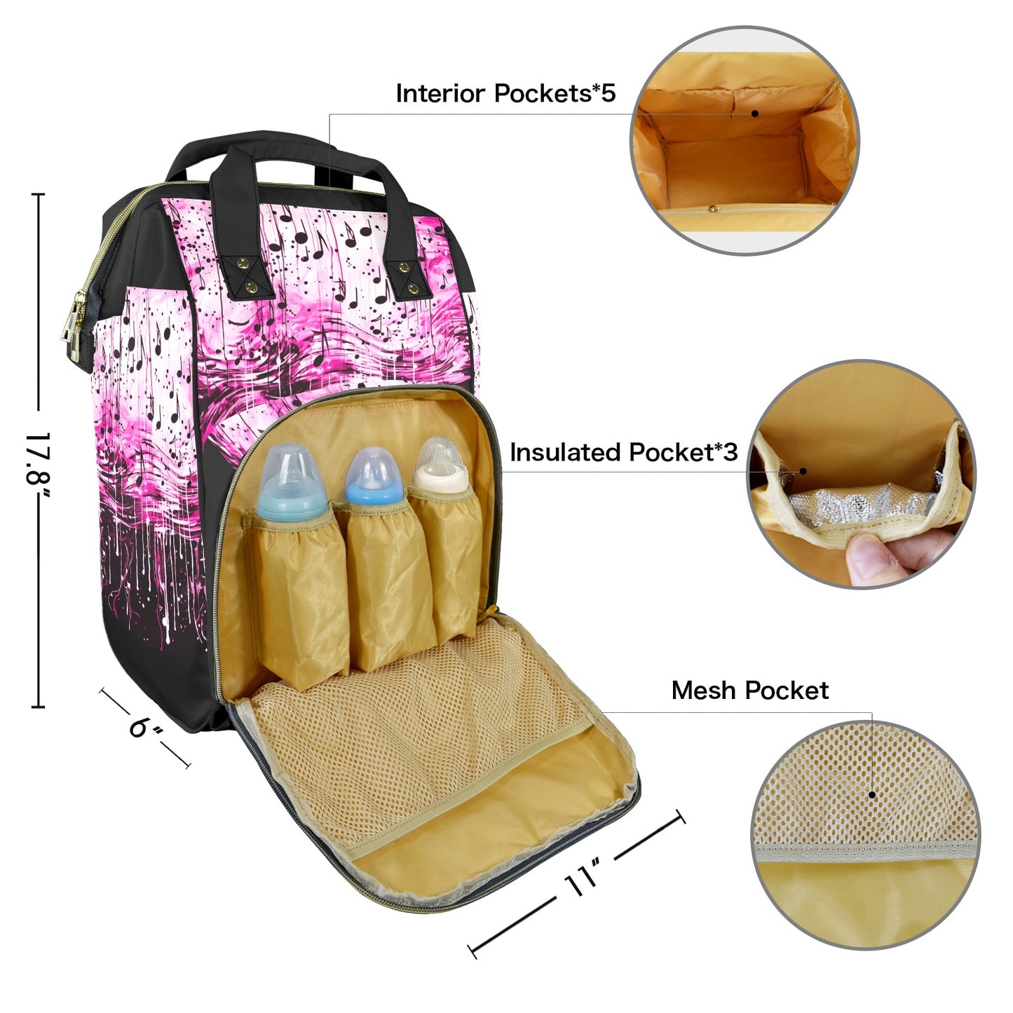 Music notes pink New Multi-Function Diaper Bag