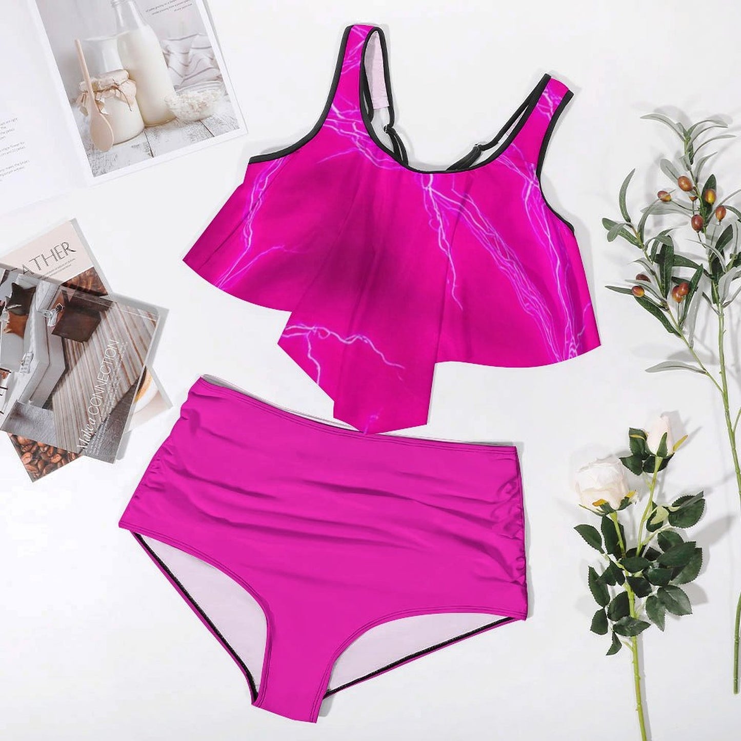 Hot Pink Lightning Two-piece Swimsuit Full Front Ruffle Plus