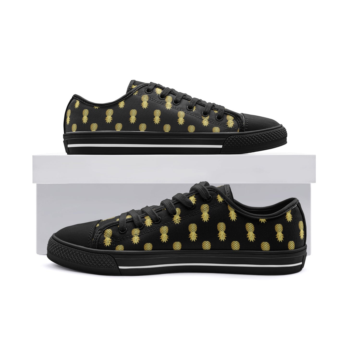 Unisex Low Top Canvas Shoes Upside Down Pineapples Black Gold