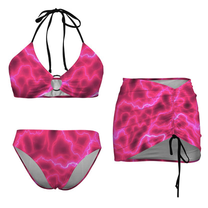 Pink Lightning Drawstring Halterneck Three-Piece Swimsuit with Skirt