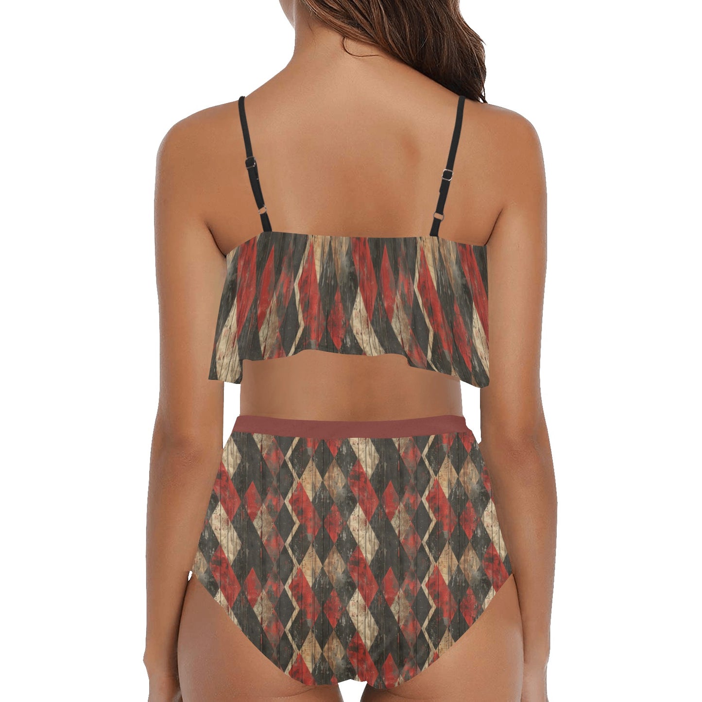 Harlequin Checkers Ruffle Red High Waisted Ruffle Bikini Set