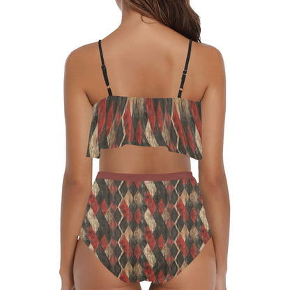 Harlequin Checkers Ruffle Red High Waisted Ruffle Bikini Set
