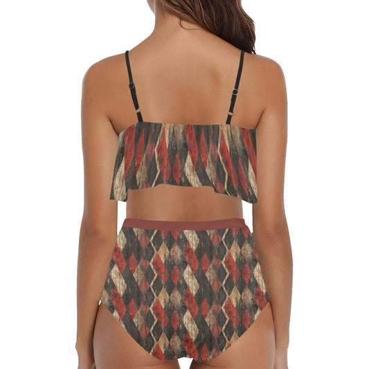Harlequin Checkers Ruffle Red High Waisted Ruffle Bikini Set