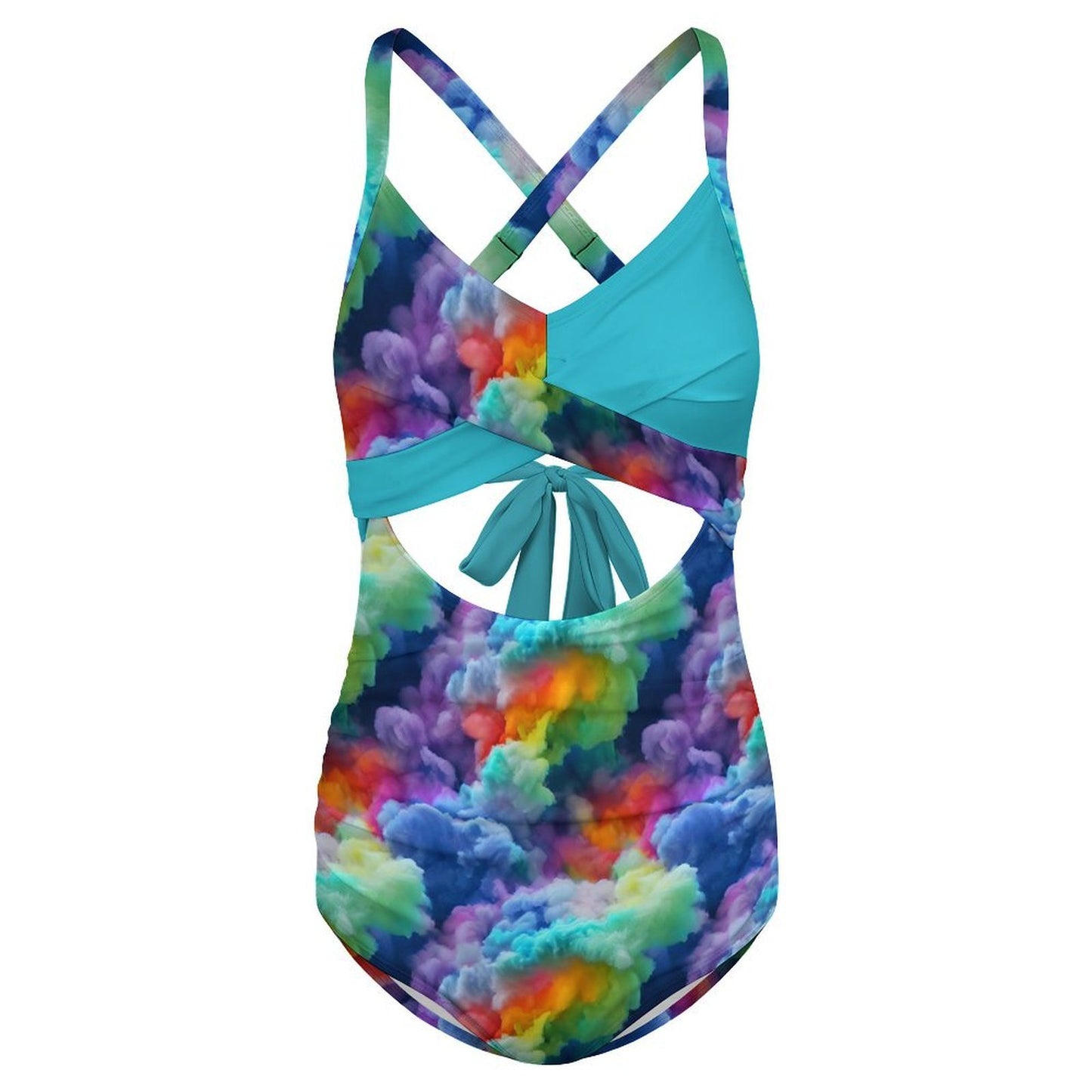 Women's Blue Rainbow Clouds Twist Front Tie Back Swimsuit