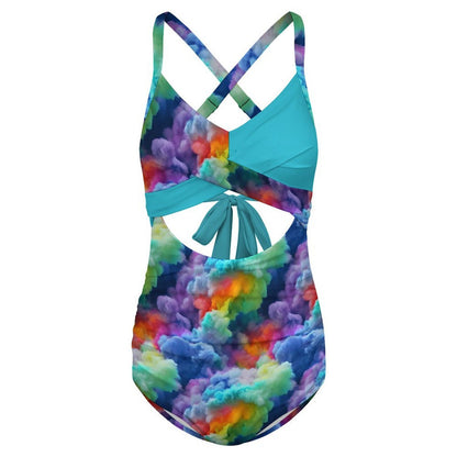 Women's Blue Rainbow Clouds Twist Front Tie Back Swimsuit