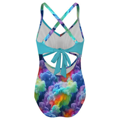 Women's Blue Rainbow Clouds Twist Front Tie Back Swimsuit