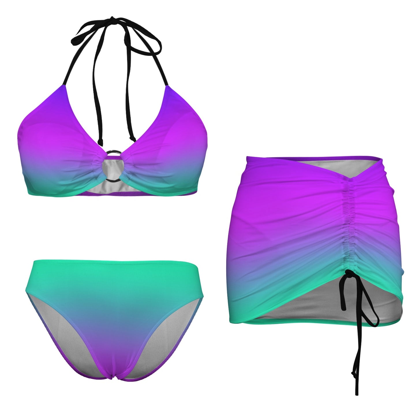 Purple Teal Drawstring Halterneck Three-Piece Swimsuit Skirt