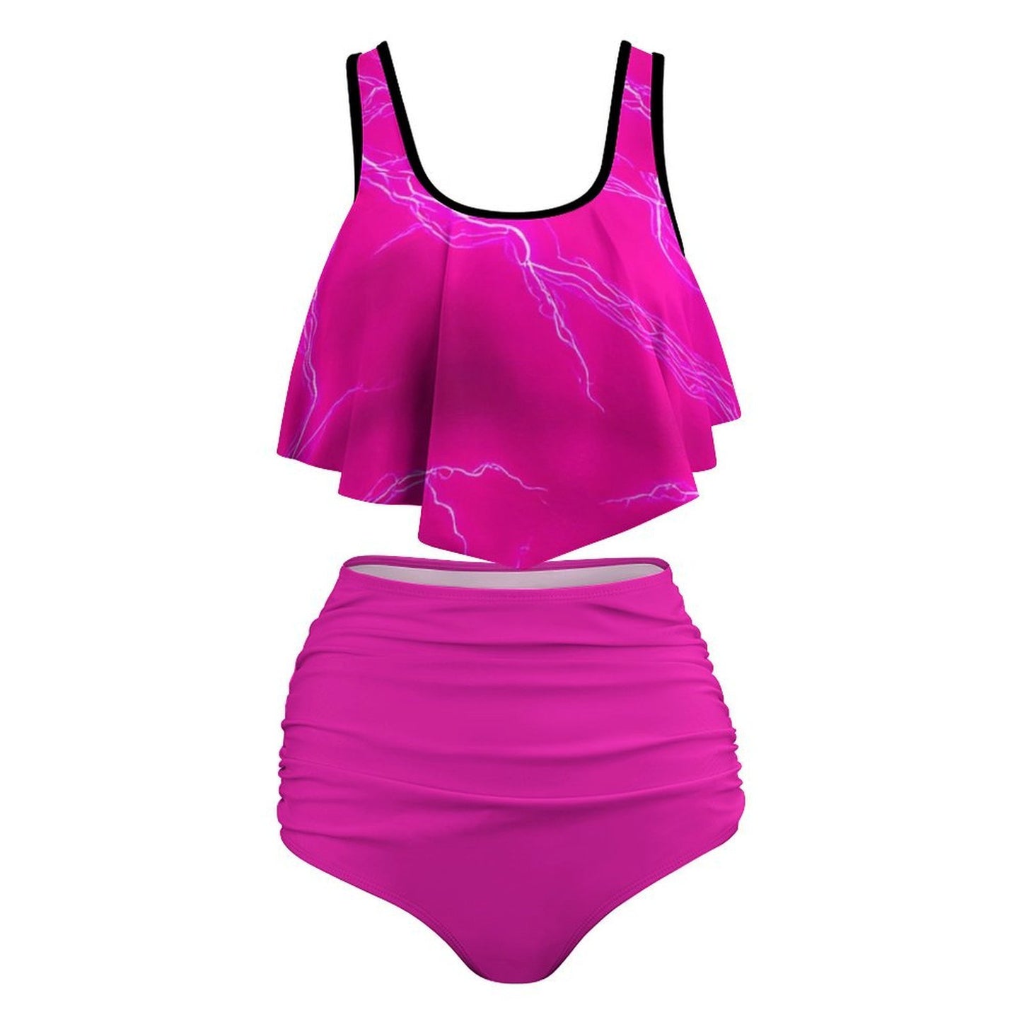 Hot Pink Lightning Two-piece Swimsuit Full Front Ruffle Plus