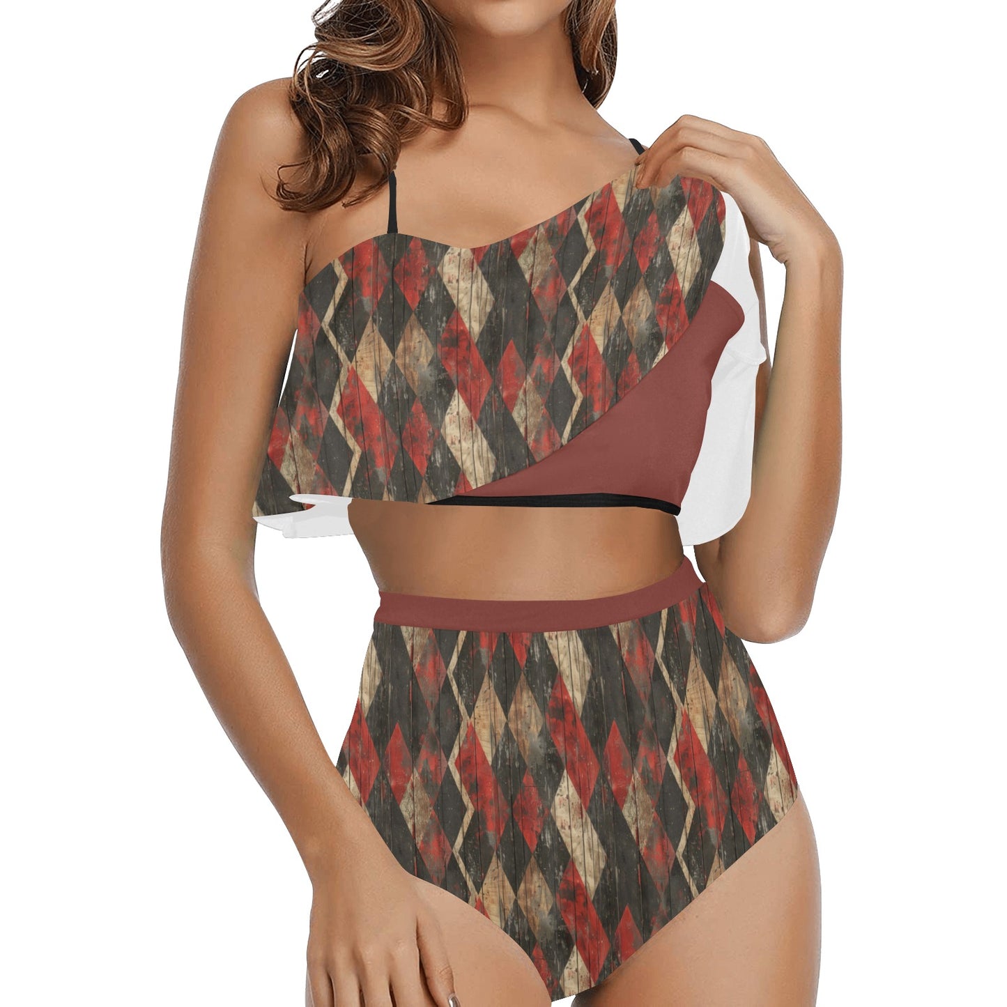 Harlequin Checkers Ruffle Red High Waisted Ruffle Bikini Set