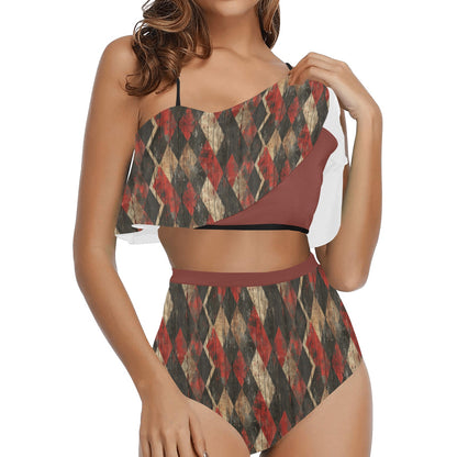 Harlequin Checkers Ruffle Red High Waisted Ruffle Bikini Set