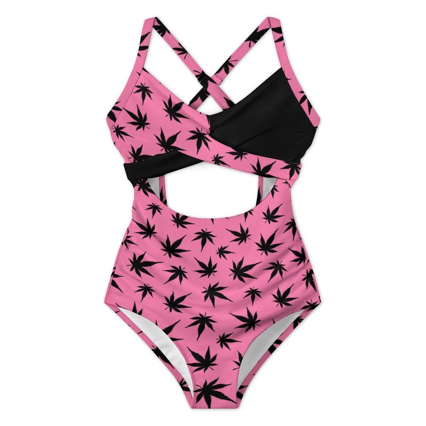 Women's Pink Black Leaf Twist Front Tie Back Swimsuit