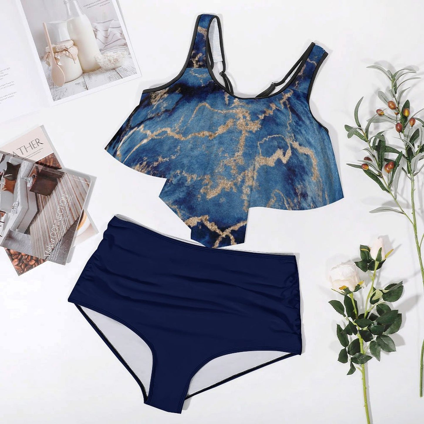 Blue Gold Two-piece Swimsuit Full Front Ruffle Plus