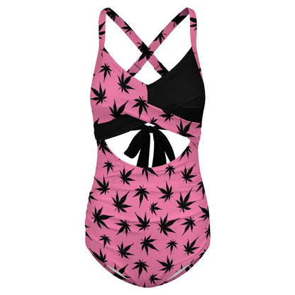 Women's Pink Black Leaf Twist Front Tie Back Swimsuit
