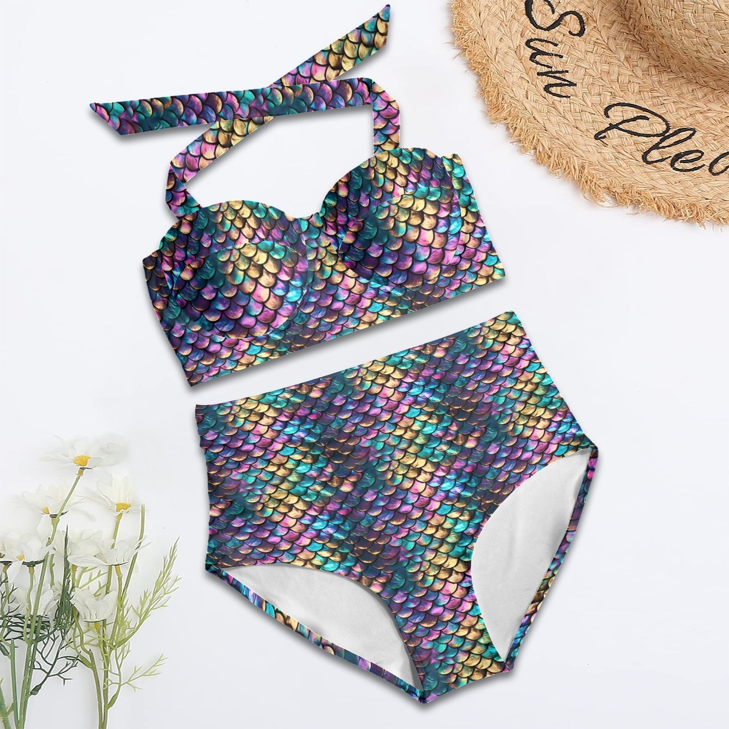 Mermaid Scale Women's Halter Neck Gather Chest Bikini Swimsuit