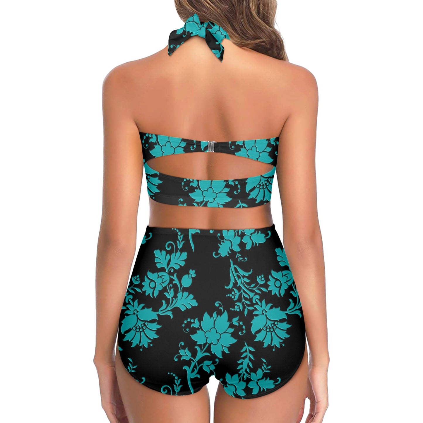 Teal Black Women's Halter Neck Gather Chest Bikini Swimsuit