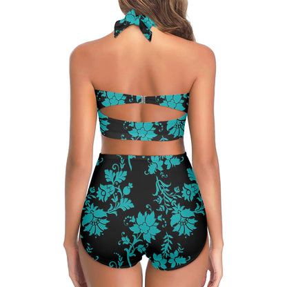 Teal Black Women's Halter Neck Gather Chest Bikini Swimsuit