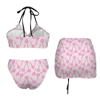 Pink Lollipop Drawstring Halterneck Three-Piece Swimsuit Skirt