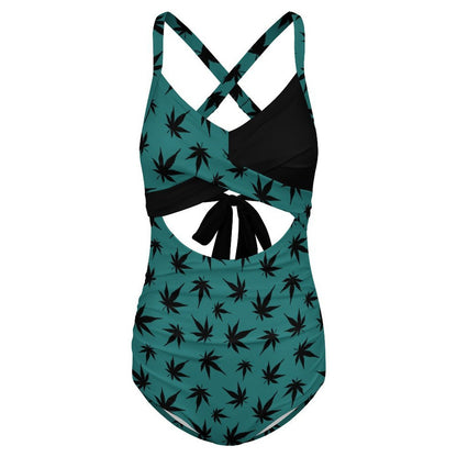 Women's Green Black Leaf Twist Front Tie Back Swimsuit