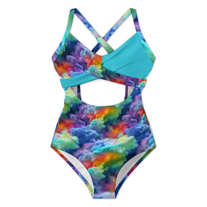 Women's Blue Rainbow Clouds Twist Front Tie Back Swimsuit