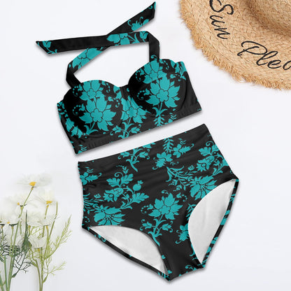 Teal Black Women's Halter Neck Gather Chest Bikini Swimsuit