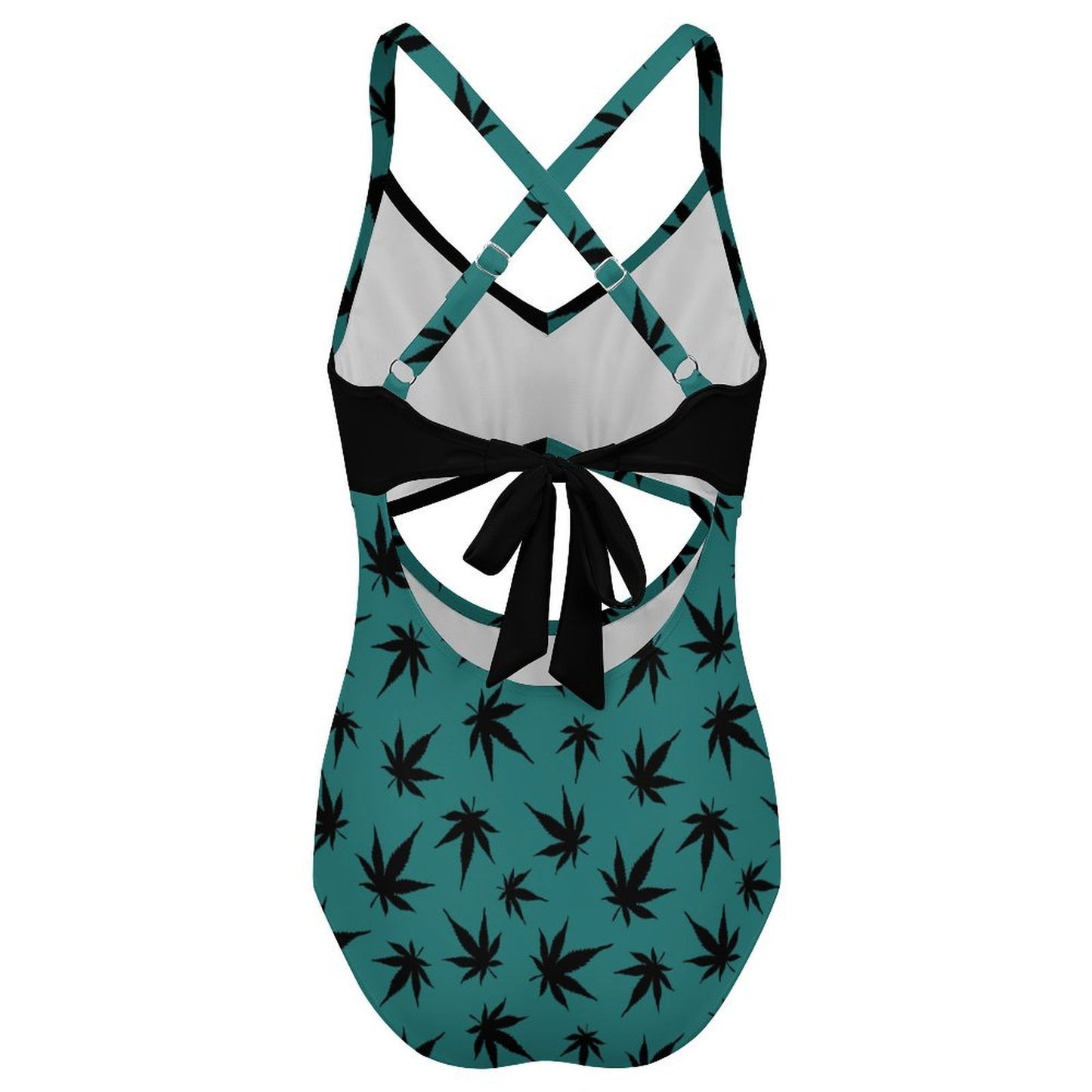 Women's Green Black Leaf Twist Front Tie Back Swimsuit