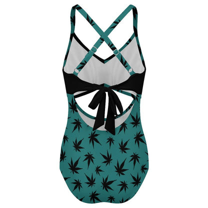Women's Green Black Leaf Twist Front Tie Back Swimsuit